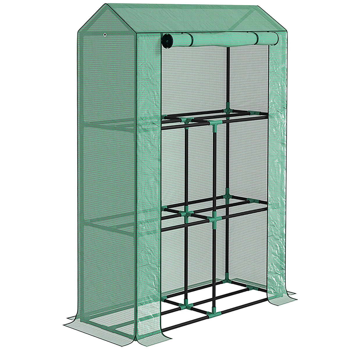 3 Tier Mini Greenhouse with PE Cover, Roll-Up Door Green