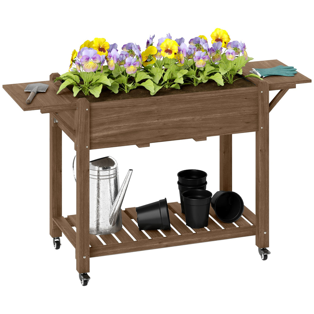Wooden Raised Planter with Lockable Wheels, Liner Carbonised finish