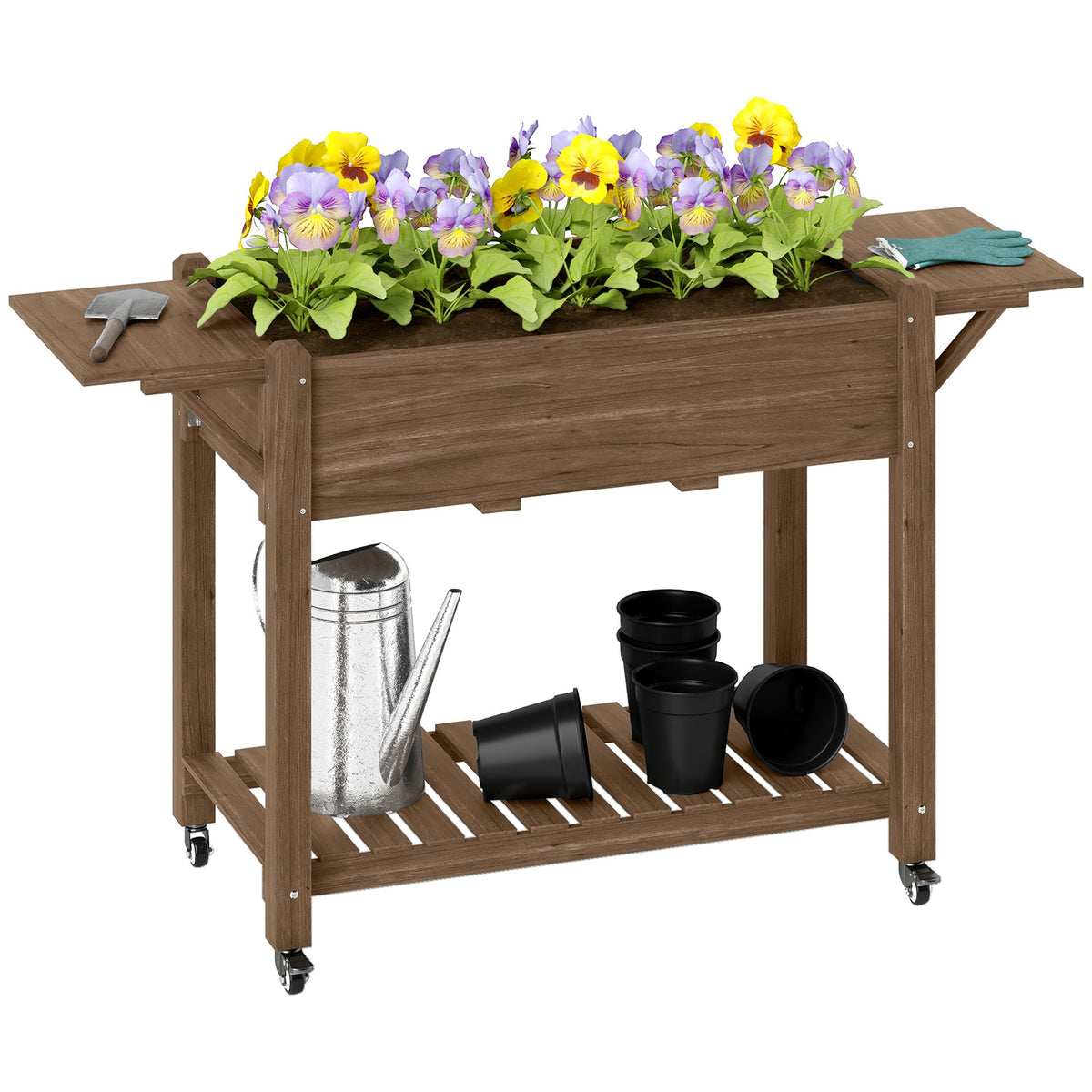 Wooden Raised Planter with Lockable Wheels, Liner Carbonised finish