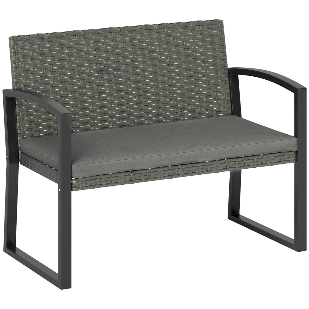 2 Seater Rattan Garden Bench with Cushion, Steel Frame Dark Grey