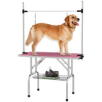 Metal Adjustable Dog Grooming Table Rubber Top 2 Safety Slings Mesh Pink