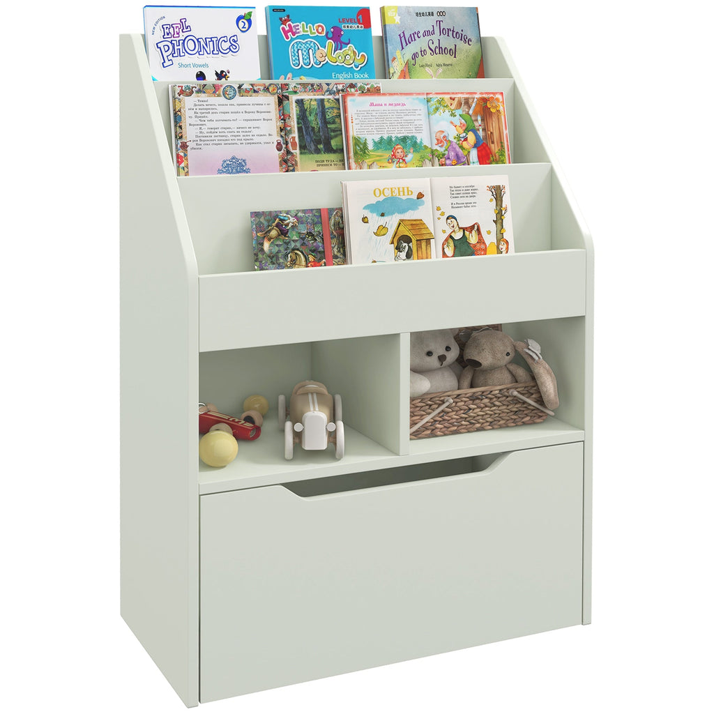 Kids Bookcase, Toy Box w/ Storage Drawer, Wheels for Bedroom Green