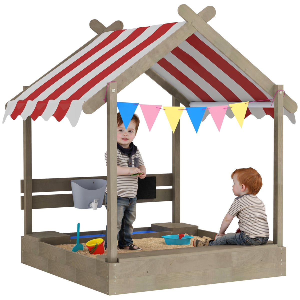 Pit with Canopy, Blackboard, Toys, Sink, Seats, Flags for Kids - Sand