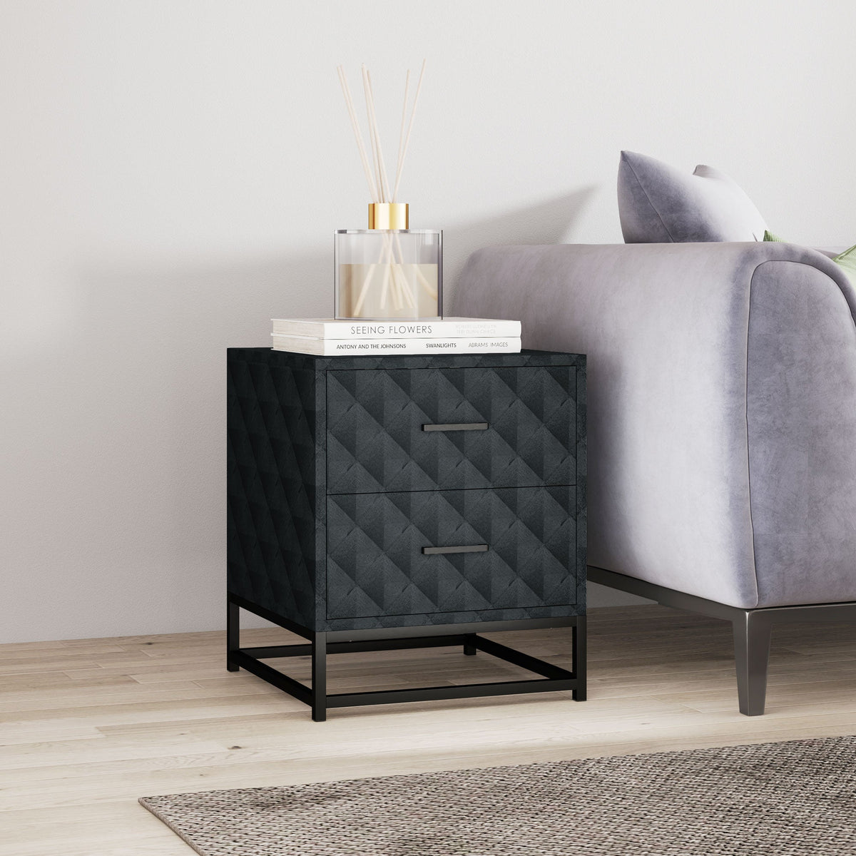 Bedside Table Set of 2, Nightstand with 2 Drawers, Steel Legs