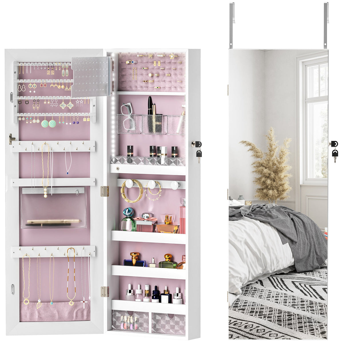 Door Hanging or Wall Mounted Jewellery Cabinet w/ Mirror Black Lining