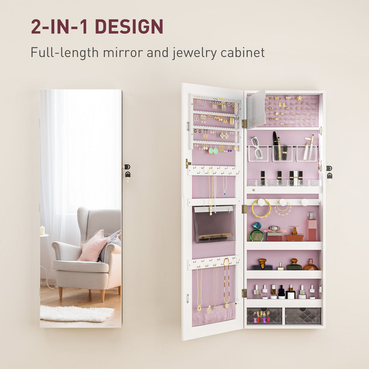 Door Hanging or Wall Mounted Jewellery Cabinet w/ Mirror Black Lining