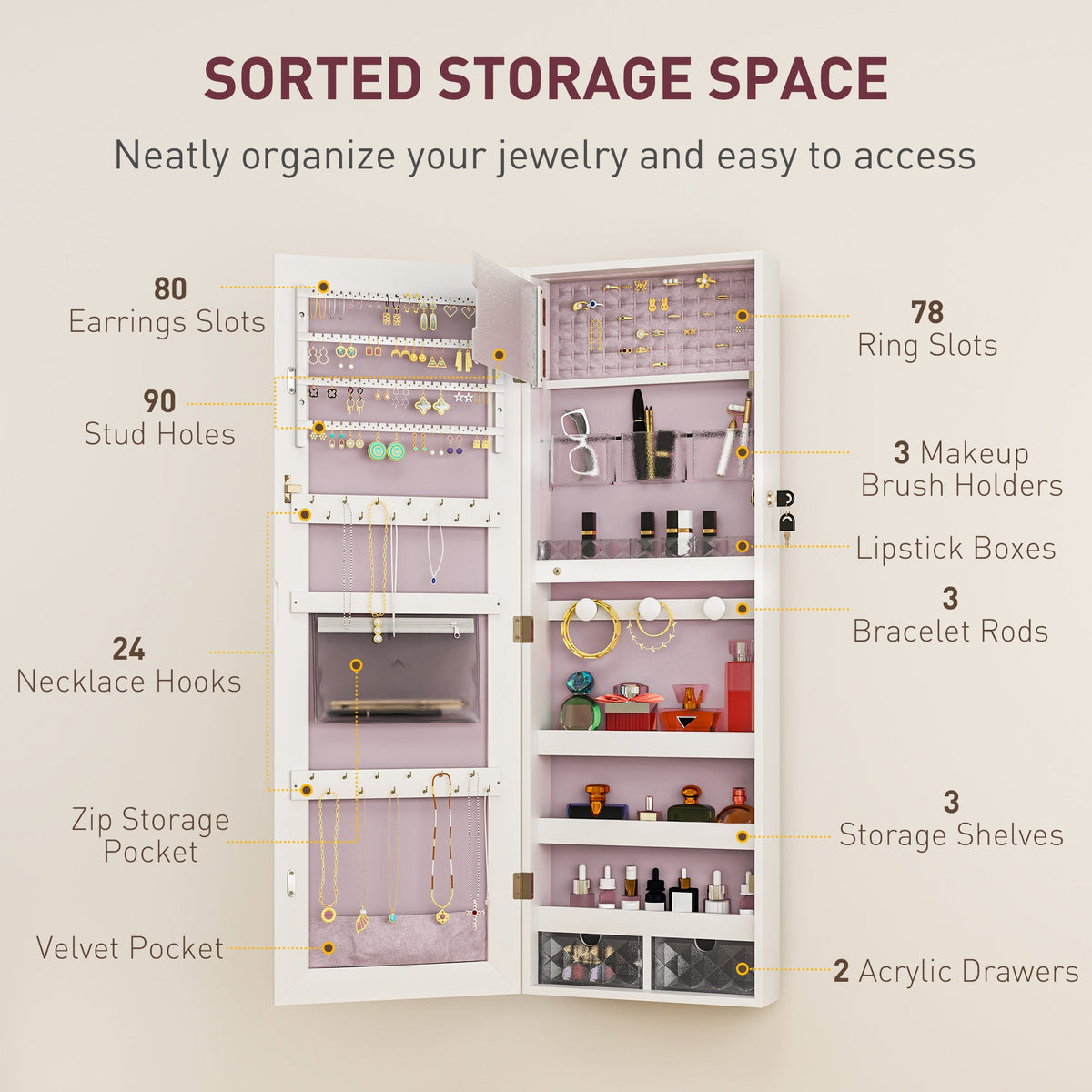 Door Hanging or Wall Mounted Jewellery Cabinet w/ Mirror Black Lining