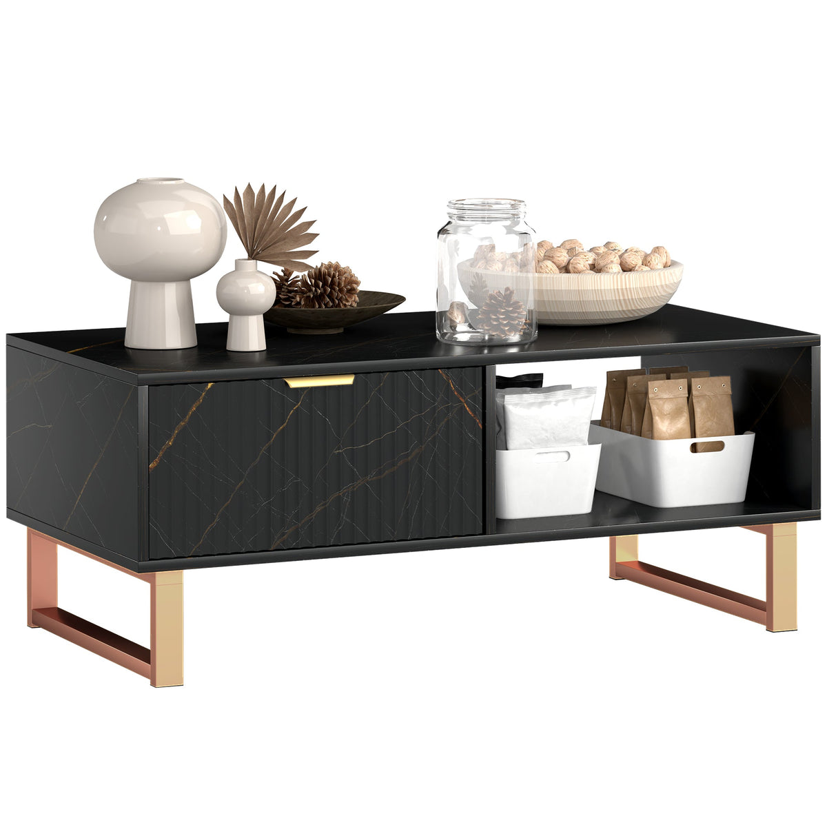 Coffee Table, Living Room Table with Drawer and Open Shelves