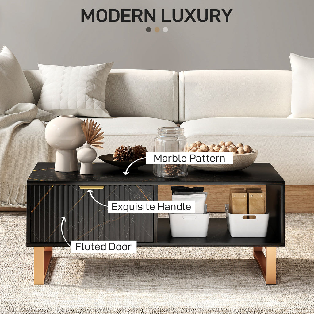 Coffee Table, Living Room Table with Drawer and Open Shelves