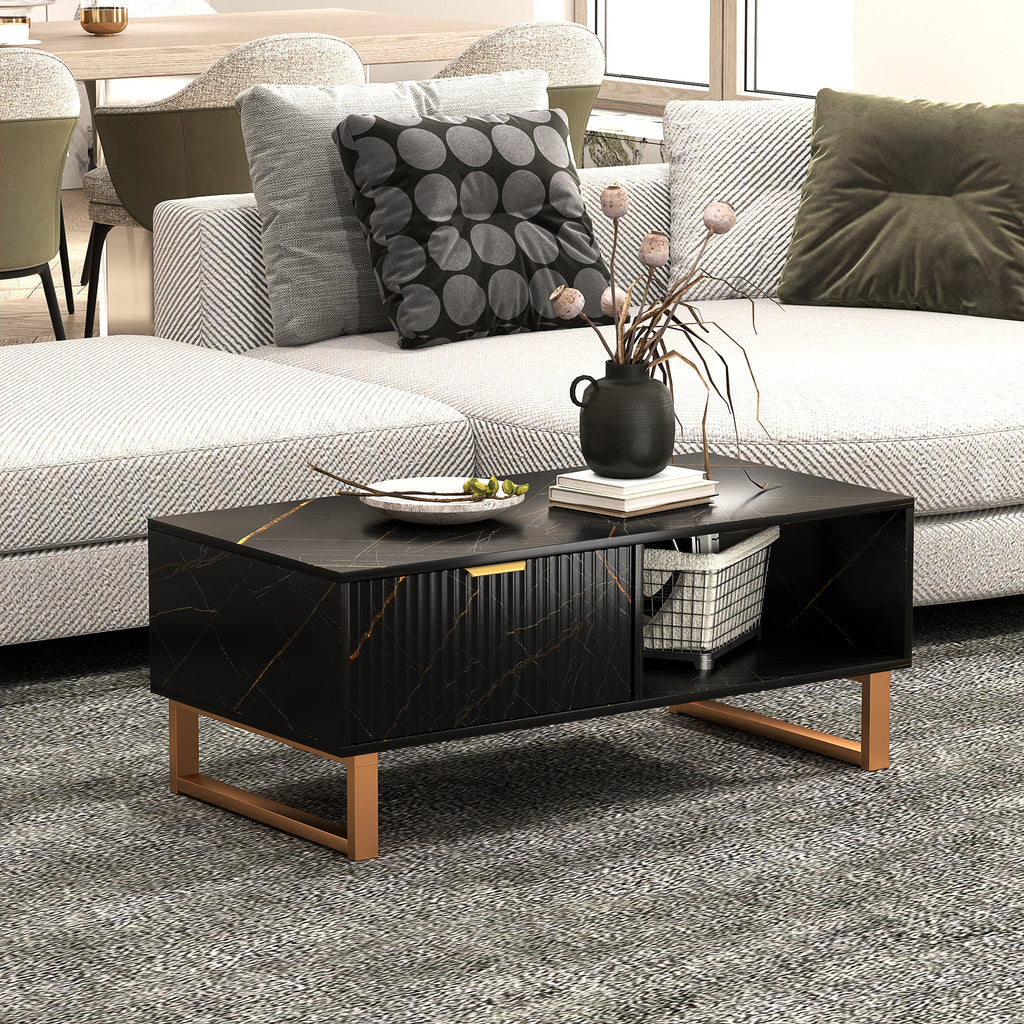 Coffee Table, Living Room Table with Drawer and Open Shelves