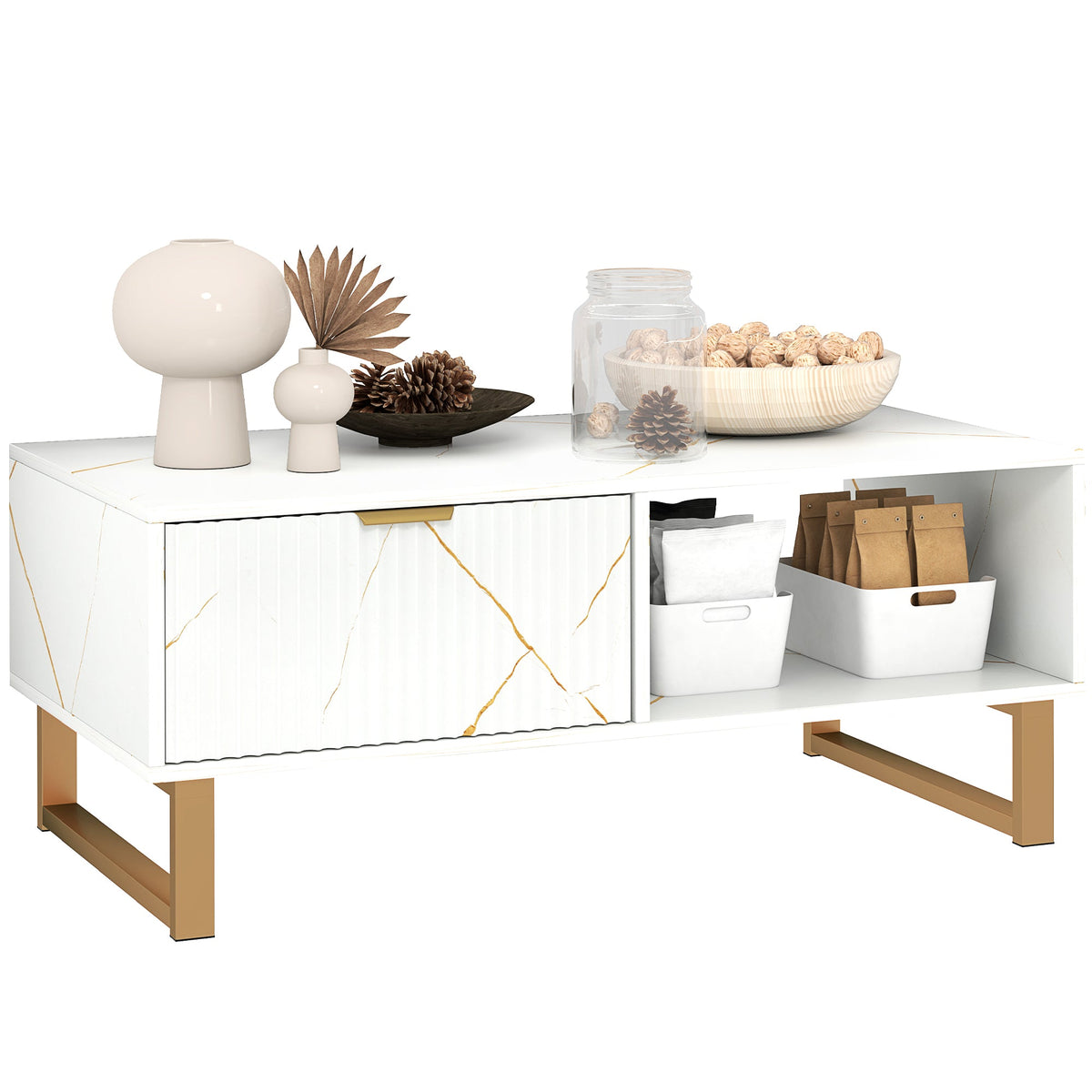 Coffee Table, Living Room Table with Drawer and Open Shelves