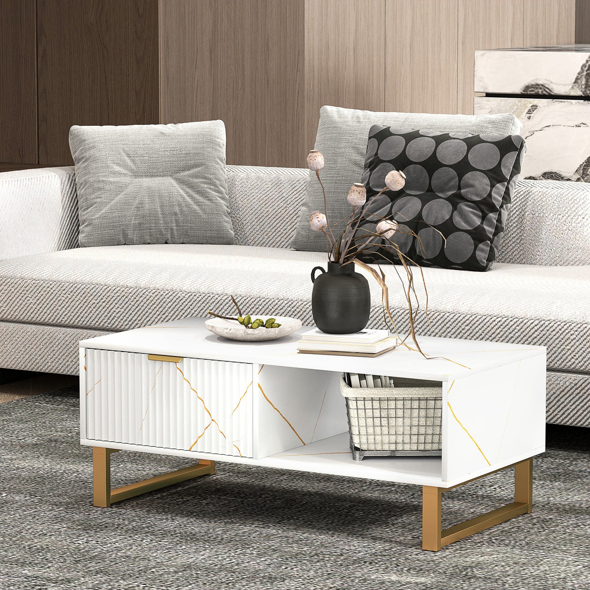 Coffee Table, Living Room Table with Drawer and Open Shelves