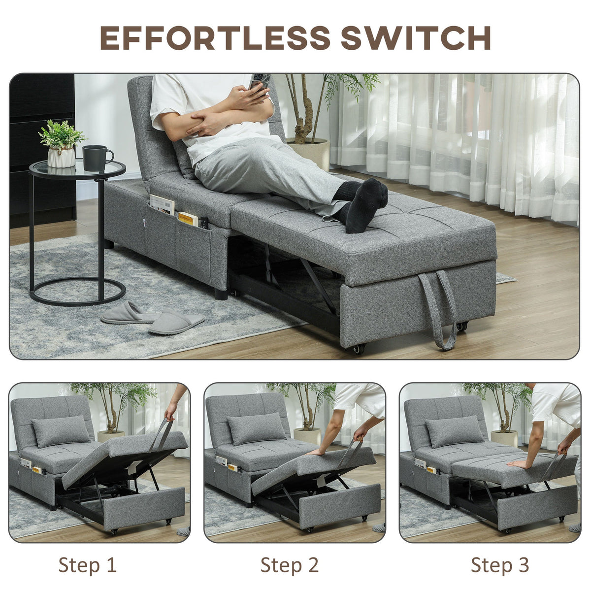 4-in-1 Pull Out Sleeper Chair Bed with Pockets