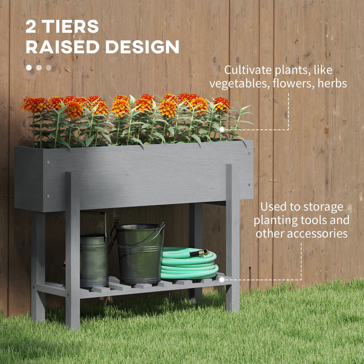 Wooden Raised Bed w/ Bed Liner, Storage Shelf