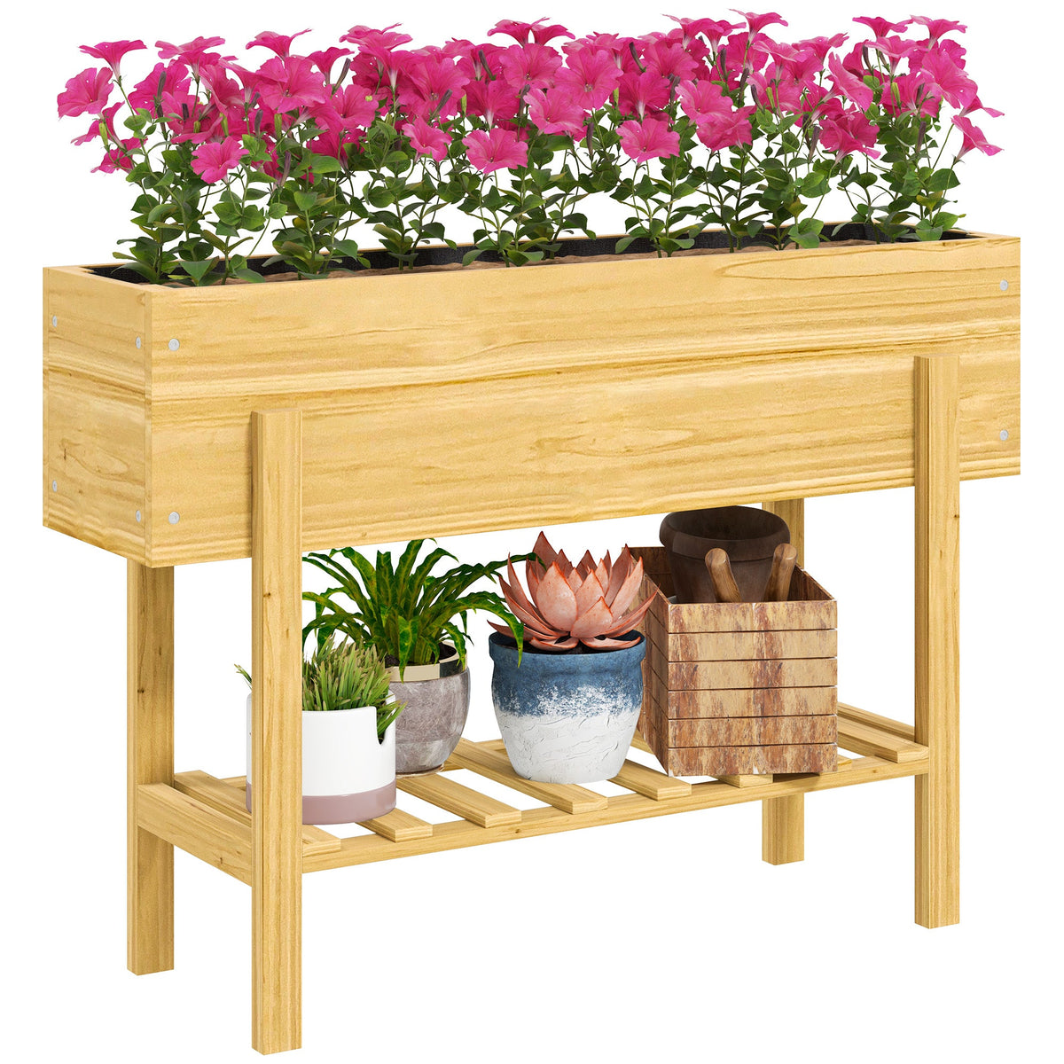 Wooden Raised Bed w/ Bed Liner, Storage Shelf
