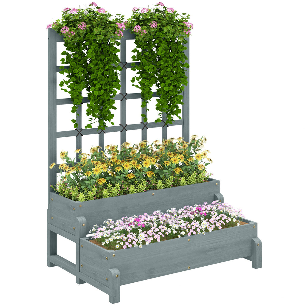2-Tier Wooden Raised Bed with Trellis and Drainage Holes