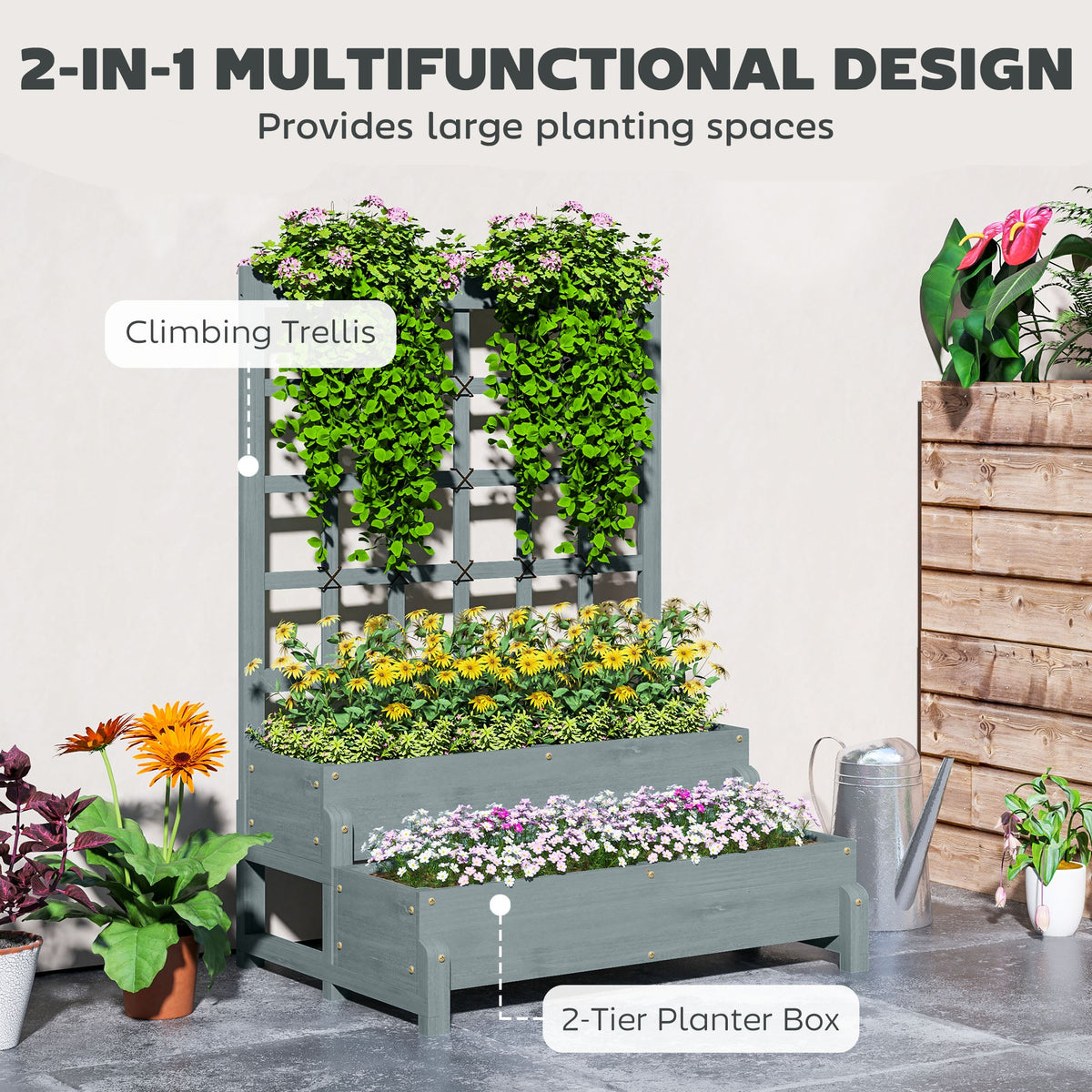 2-Tier Wooden Raised Bed with Trellis and Drainage Holes