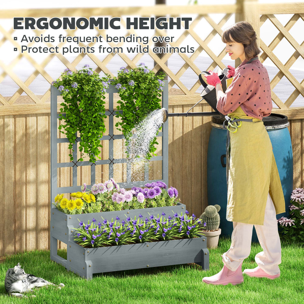 2-Tier Wooden Raised Bed with Trellis and Drainage Holes