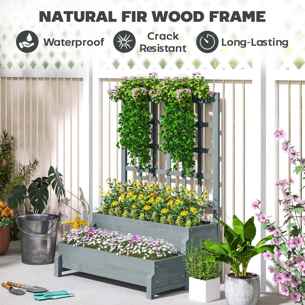 2-Tier Wooden Raised Bed with Trellis and Drainage Holes