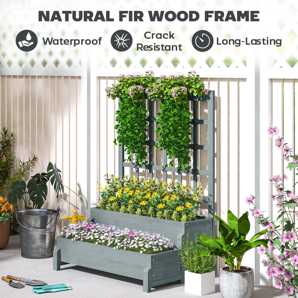 2-Tier Wooden Raised Bed with Trellis and Drainage Holes