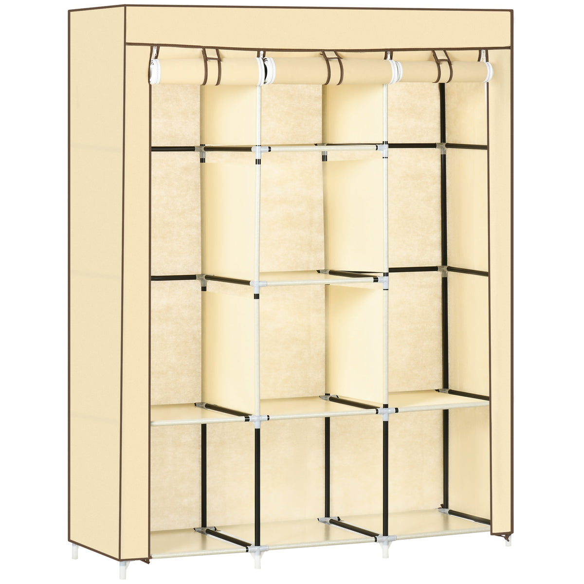 Fabric Portable Wardrobe with 8 Shelves 2 Hanging Rails Beige