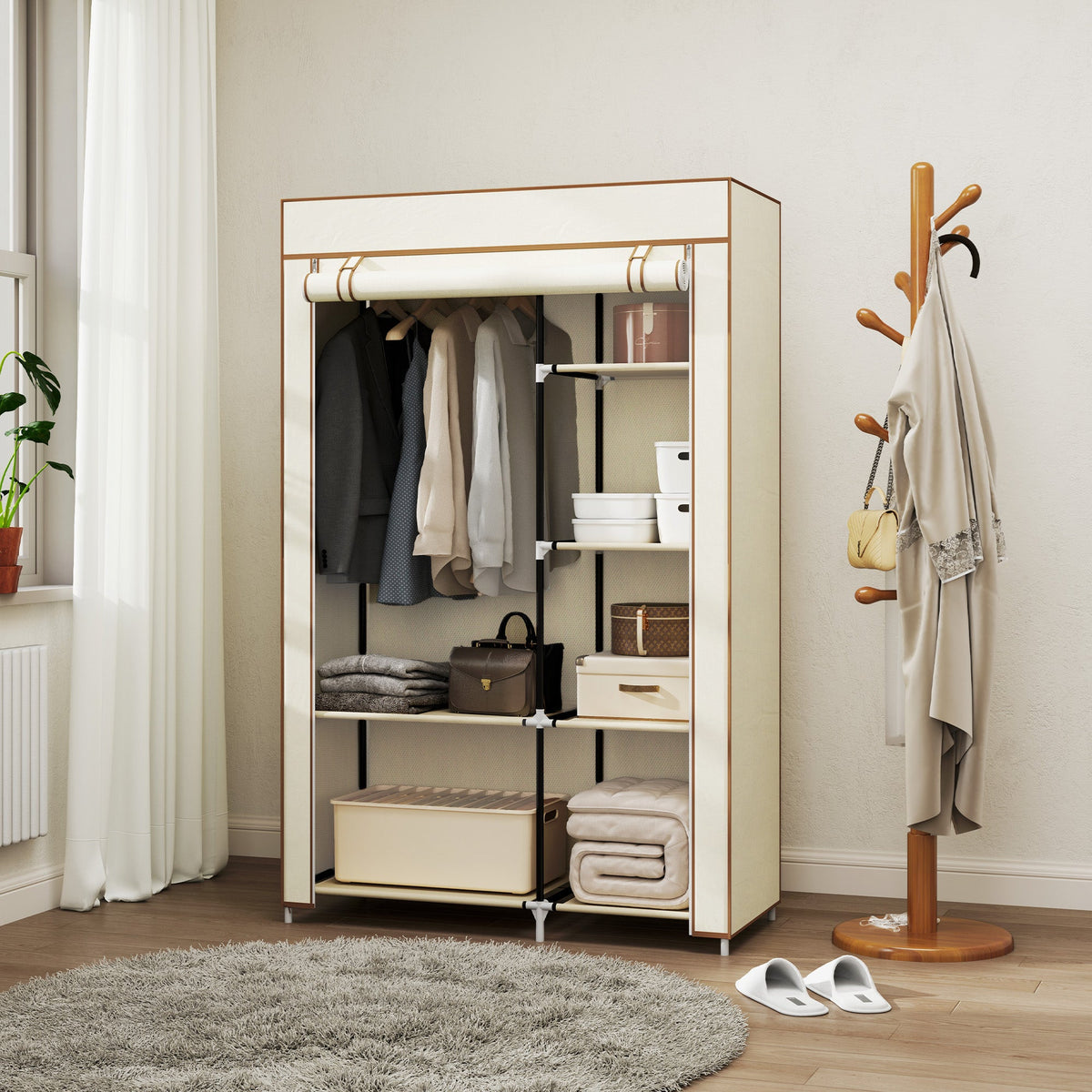 Fabric Wardrobe w/ Shelves Hanging Rail Foldable Closets