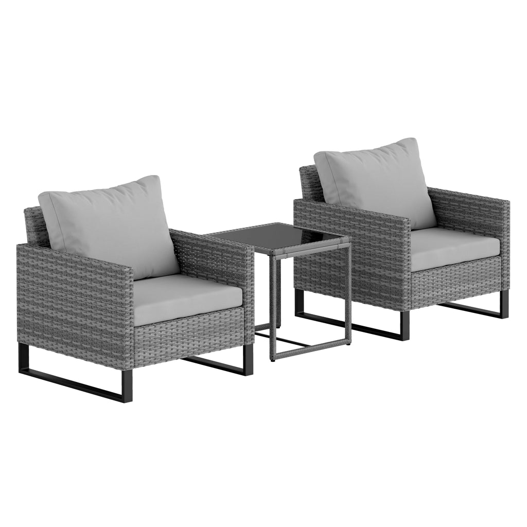 3PCS Rattan Bistro Set Glass Top Table and Chairs with 4 Cushions Light Grey