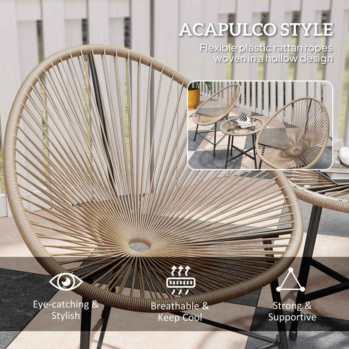 Rattan Bistro Set, Cushioned Acapulco Chairs, Glass Table
