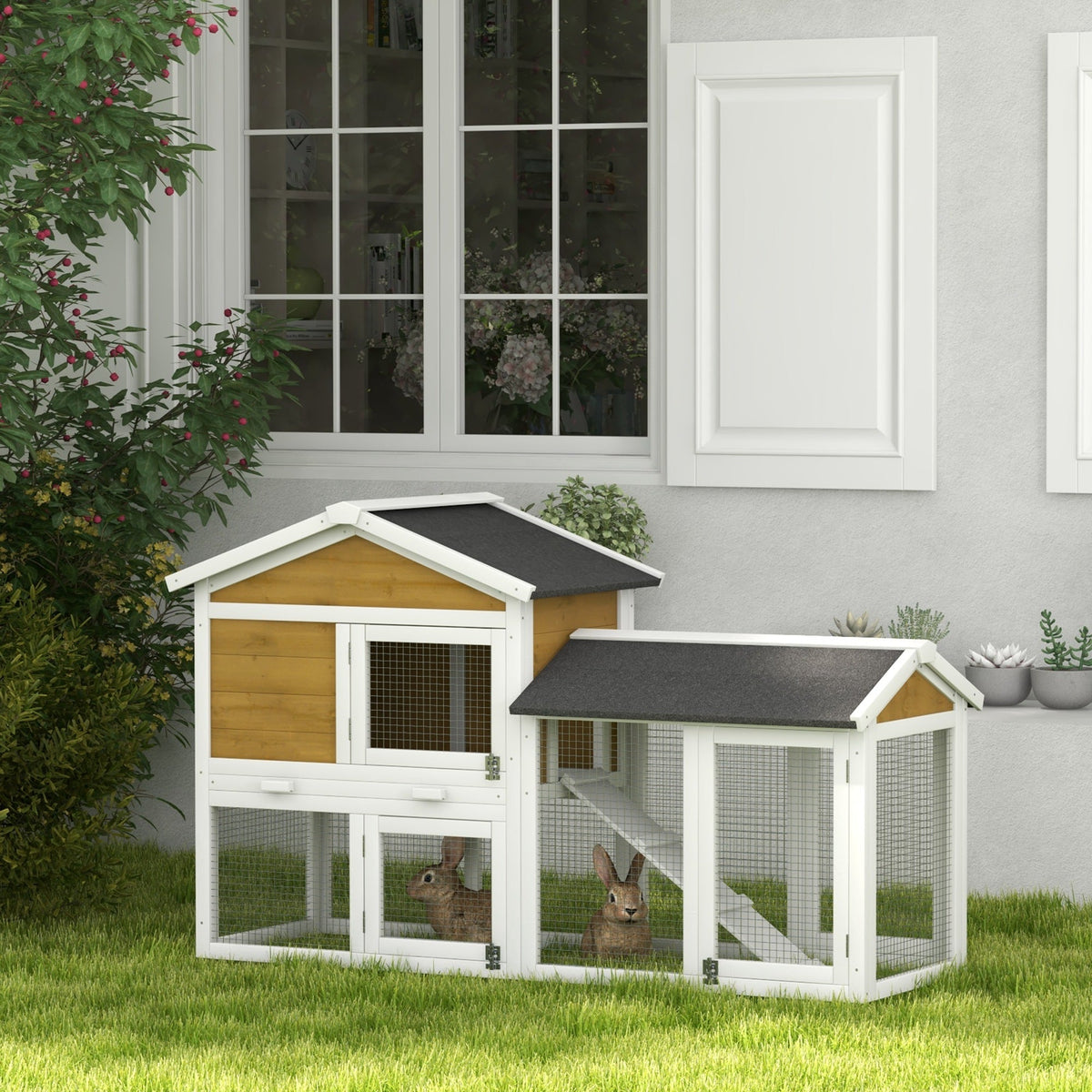 2-Tier Wooden Rabbit Bunny Guinea Hutch Small Pet House Ramp