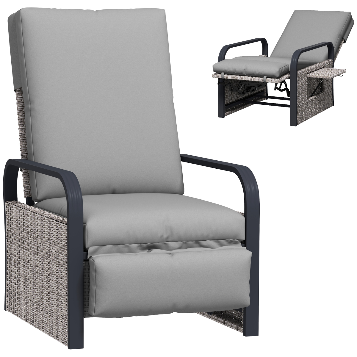 Rattan Garden Recliner Chair Sun Lounger with Side Tray Light Grey Dark Grey