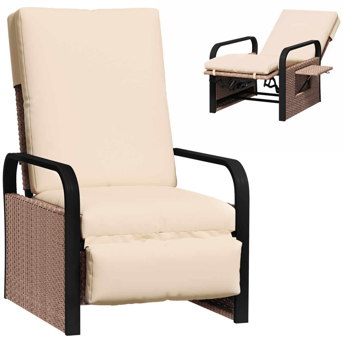 Rattan Garden Recliner Chair Sun Lounger with Side Tray Brown Khaki