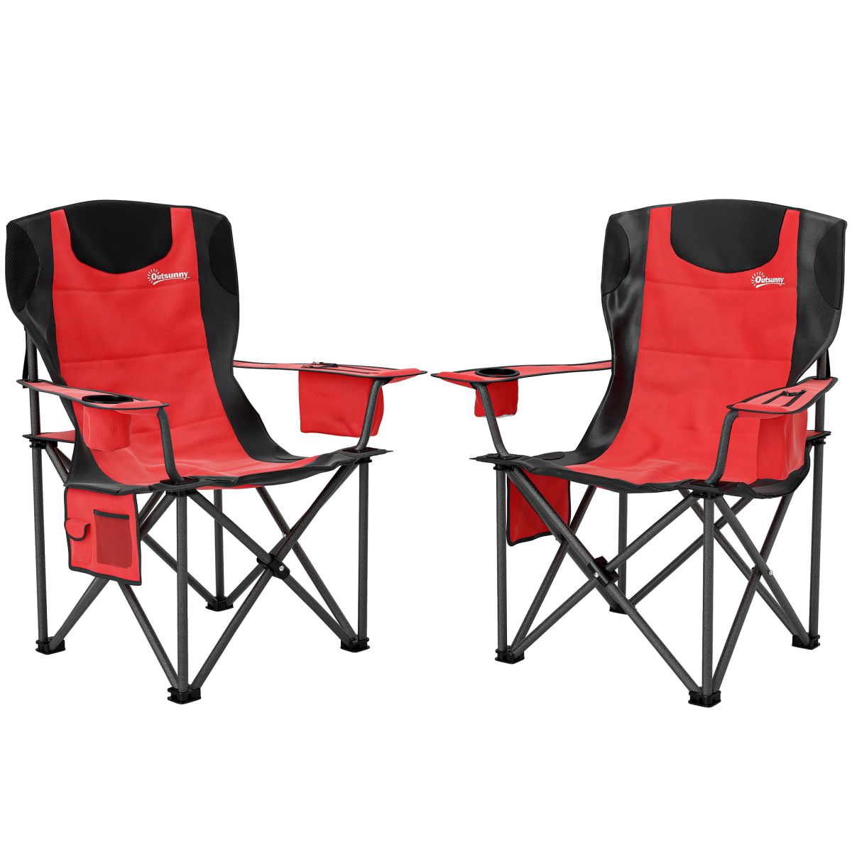 Set of 2 Padded Folding Picnic Chairs with Cooler Bag Red