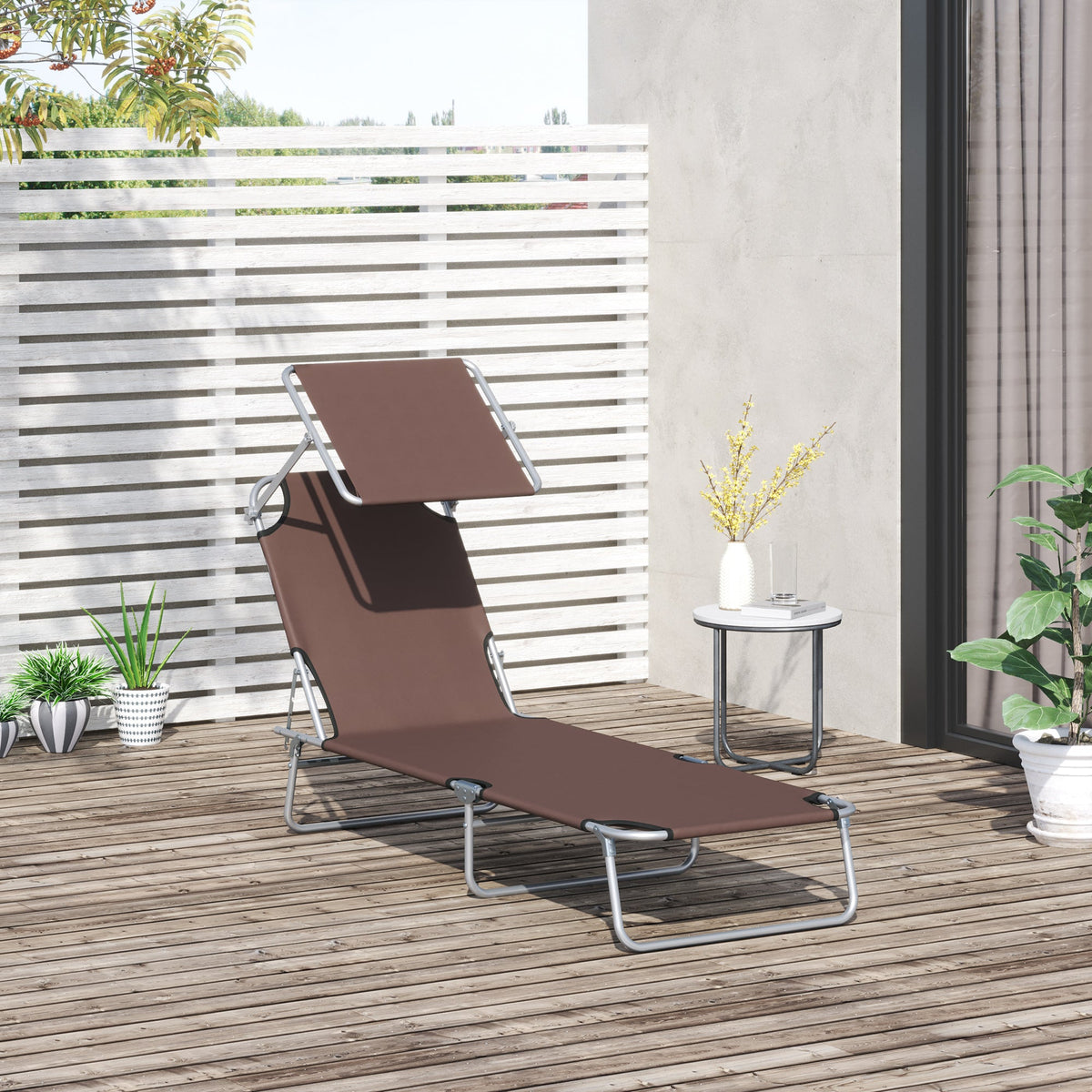 Reclining Chair Folding Lounger Seat Sun Shade Awning Beach Garden Brown