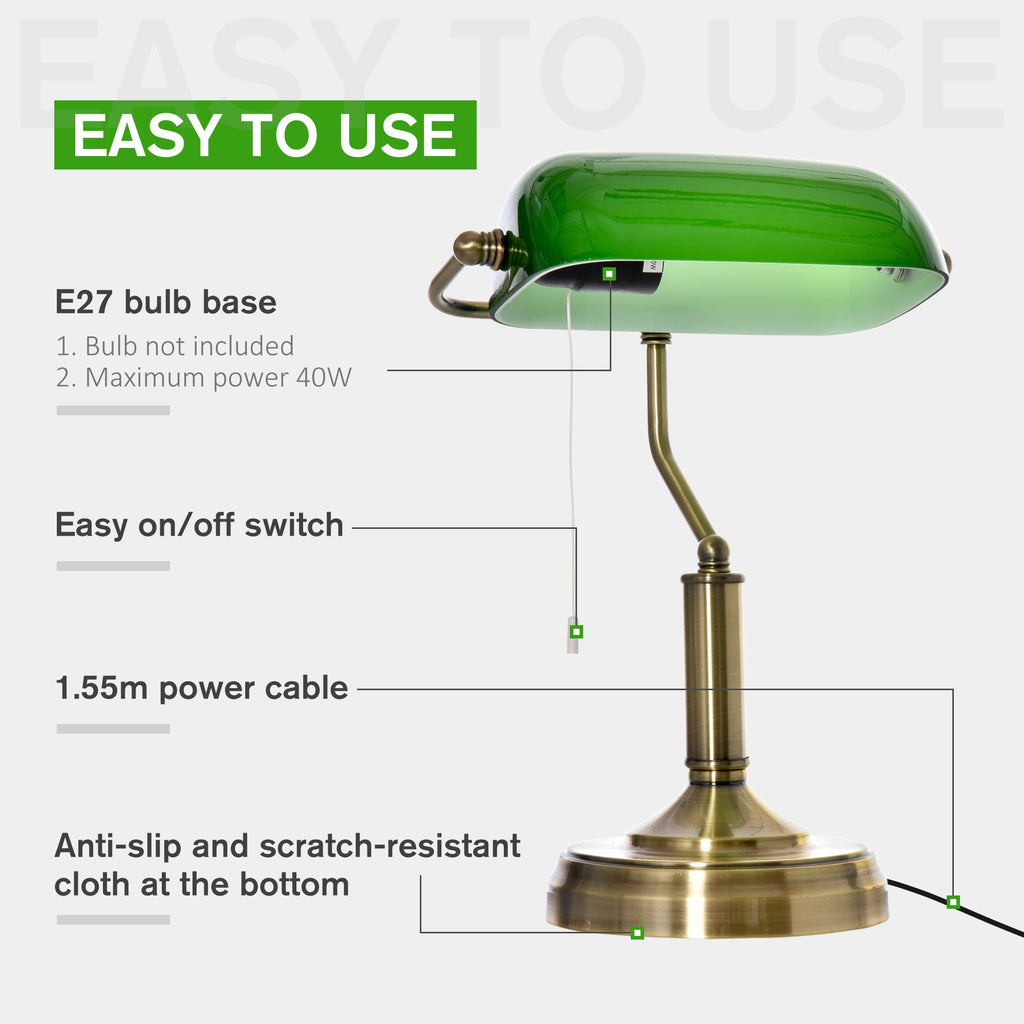 Banker's Table Lamps Set of 2, Desk Lamps with Antique Bronze Tone Base, Green Glass Shade and Pull Rope Switch for Home Office, Living Room, Bedroom, Dining Room, Green