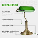 Banker's Table Lamps Set of 2, Desk Lamps with Antique Bronze Tone Base, Green Glass Shade and Pull Rope Switch for Home Office, Living Room, Bedroom, Dining Room, Green