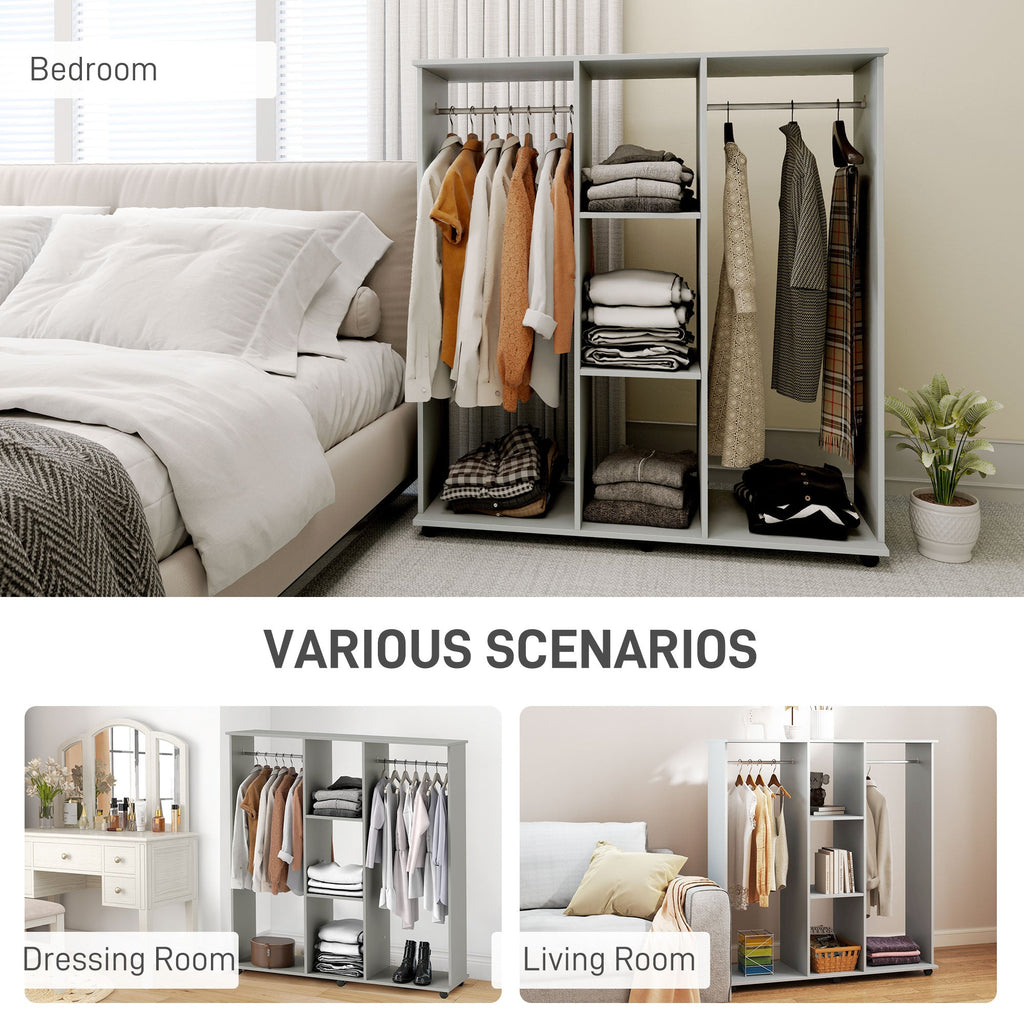 Mobile Double Open Wardrobe w/ Clothes Hanging Rail Clothing Grey