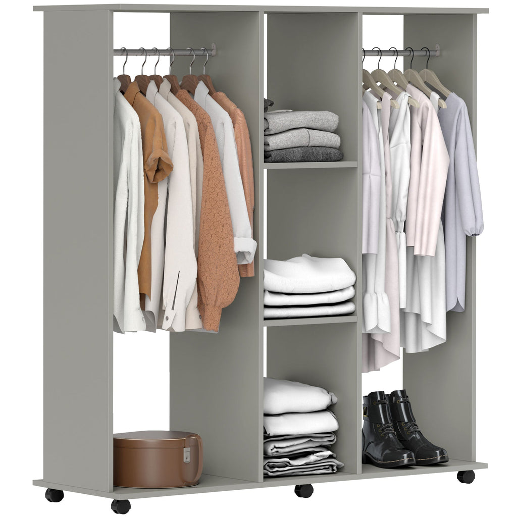 Mobile Double Open Wardrobe w/ Clothes Hanging Rail Clothing Grey