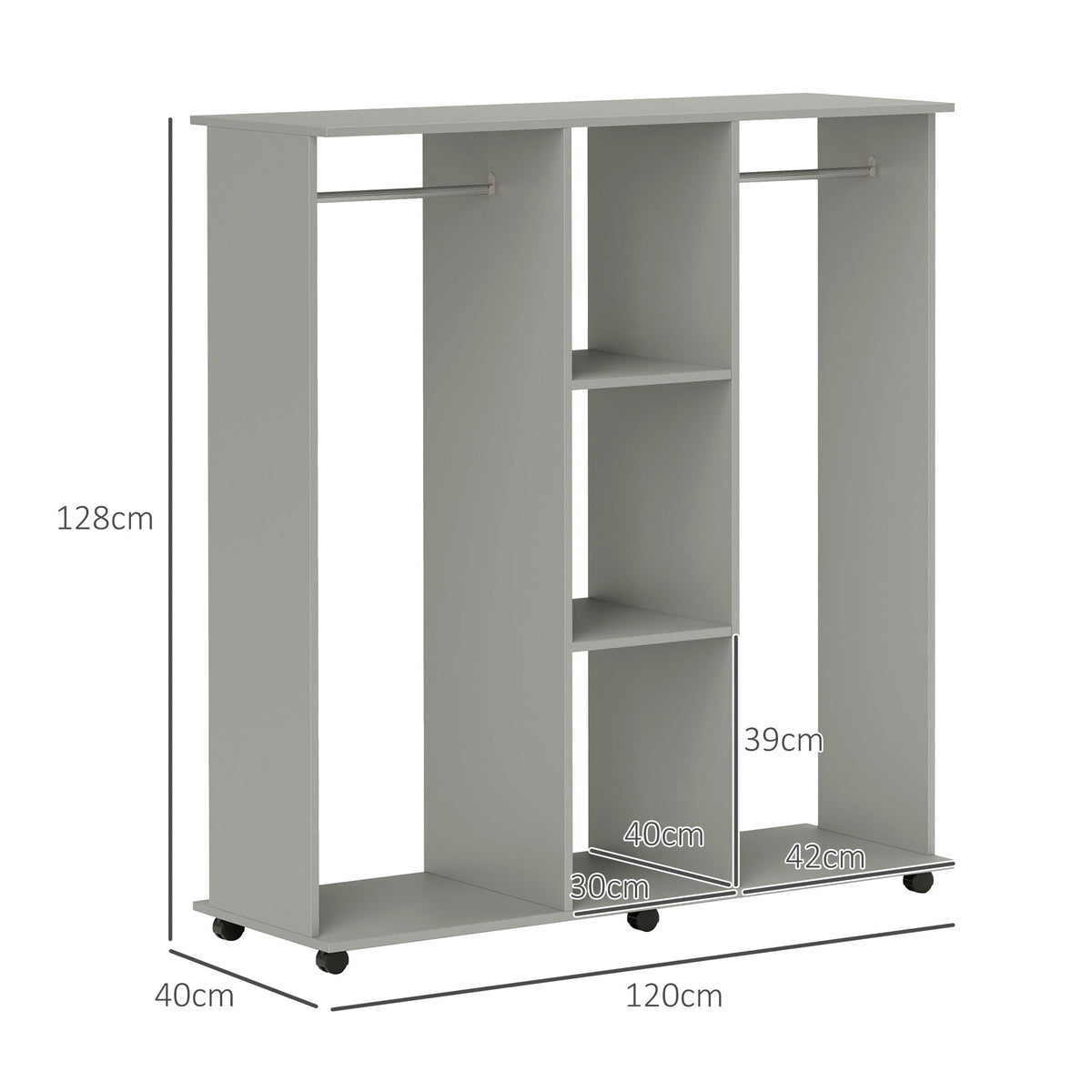 Mobile Double Open Wardrobe w/ Clothes Hanging Rail Clothing Grey