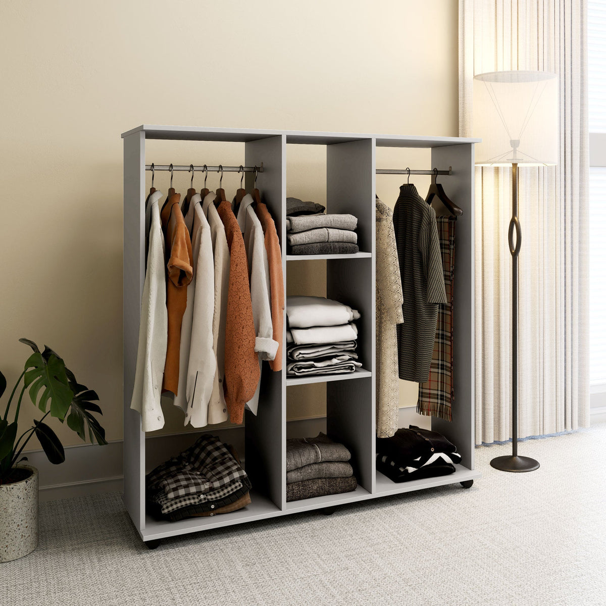 Mobile Double Open Wardrobe w/ Clothes Hanging Rail Clothing Grey
