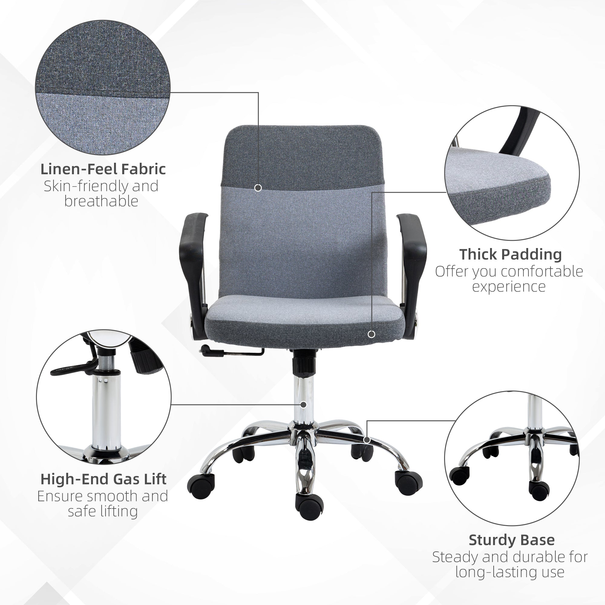 Office Chair Linen Fabric Swivel Computer Desk Chair Home Study Adjustable Chair with Wheels, Grey