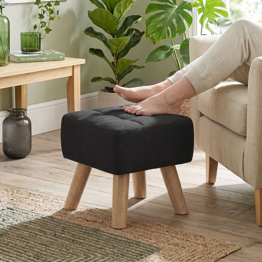 Linen-Look Square Padded Footstool - Black Black