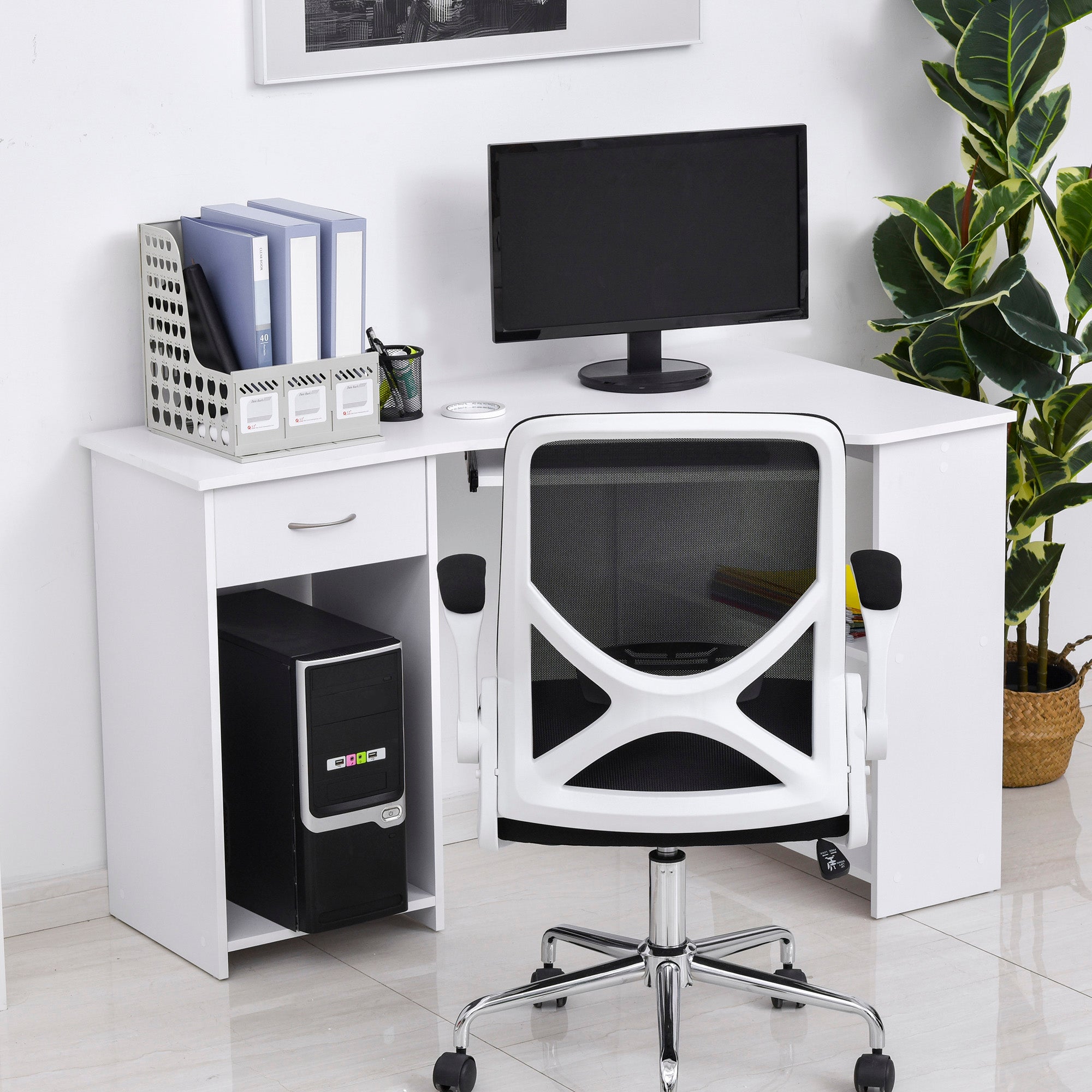 L-Shaped Corner Computer Desk with 2 Shelves, Wide Worktop, Keyboard Tray, Drawer and CPU Stand, Home Office Study Bedroom Furniture, White