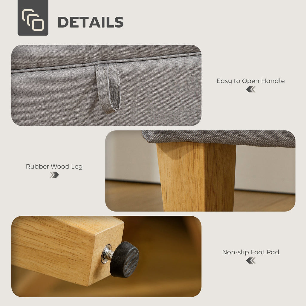 16L Linen Storage Ottoman Padded Footstool with Rubberwood Legs, Light Grey
