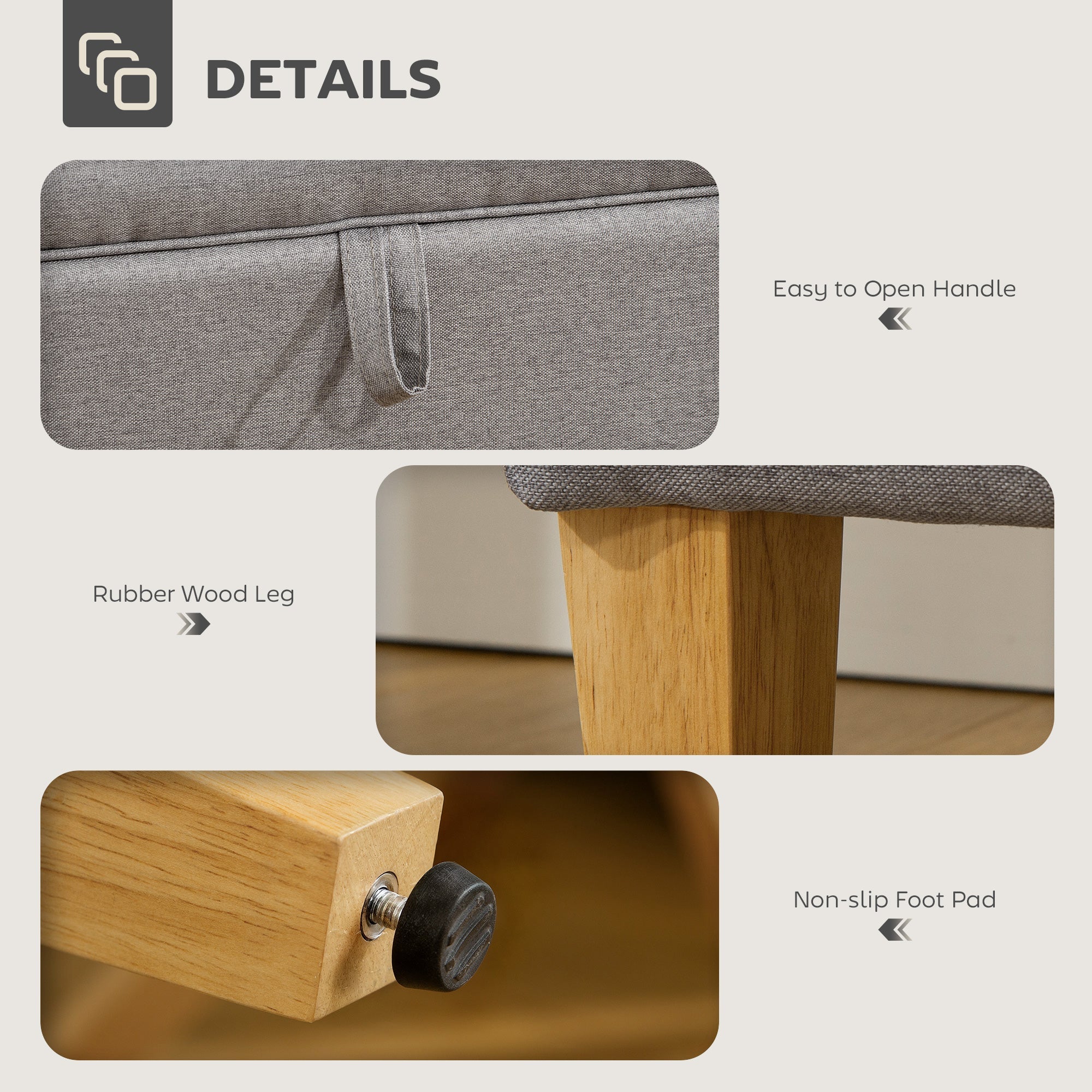 16L Linen Storage Ottoman Padded Footstool with Rubberwood Legs, Light Grey