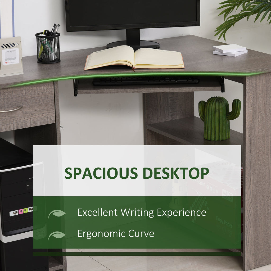 L-Shaped Corner Computer Desk with 2 Shelves, Wide Worktop, Keyboard Tray, Drawer and CPU Stand, Home Office Study Bedroom Furniture, Grey