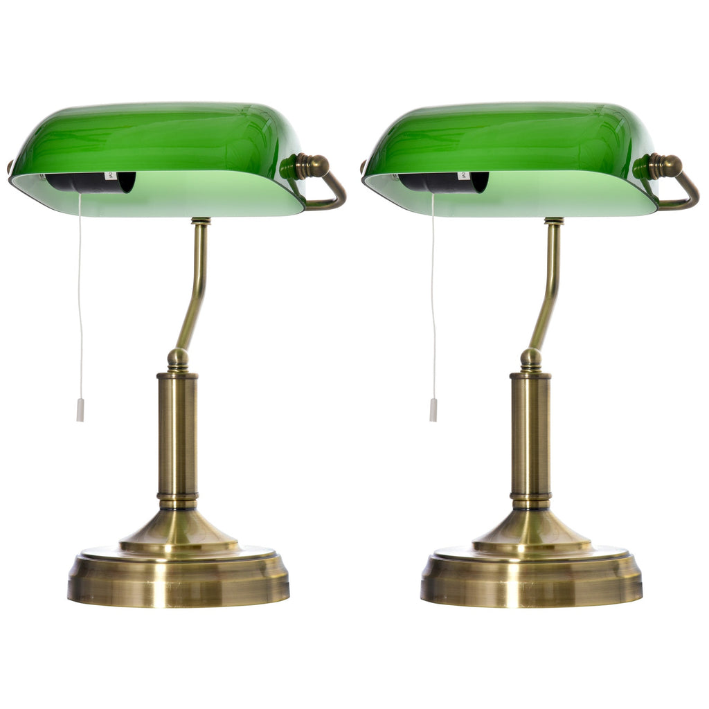 Banker's Table Lamps Set of 2, Desk Lamps with Antique Bronze Tone Base, Green Glass Shade and Pull Rope Switch for Home Office, Living Room, Bedroom, Dining Room, Green