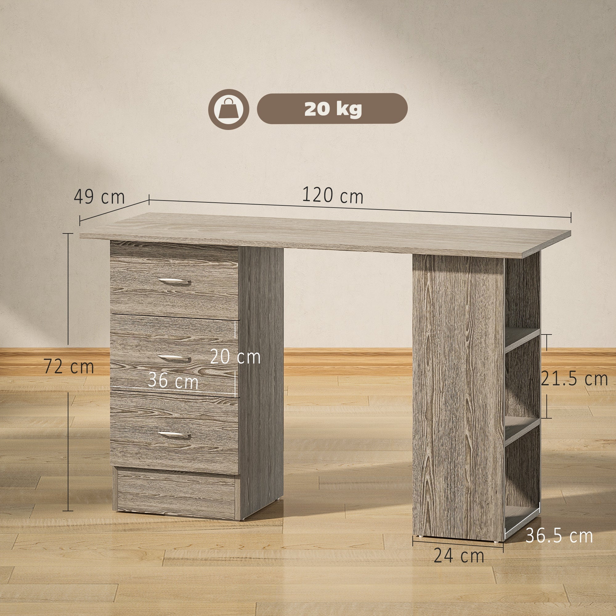 Computer Desk, Writing Table, PC Workstation with 3 Storage Shelves and Drawers, Silver Handle, for Home Office, Grey