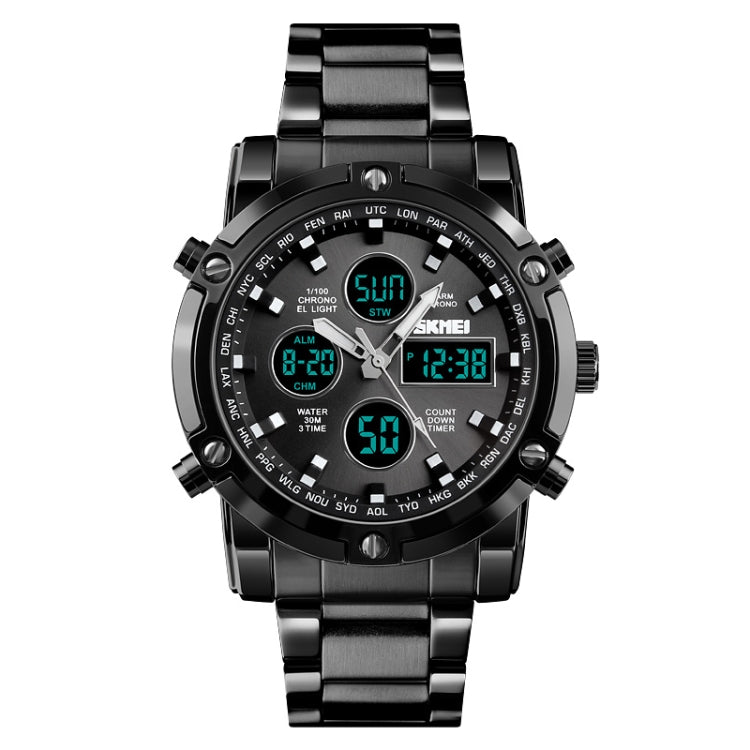 SKMEI 1389 Multifunctional Men Business Digital Watch 30m Waterproof Large Dial Wrist Watch with Stainless Steel Watchband , 1389 Black, 1389 Blue, 1389 Silver 1389 Black Black
