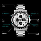 SKMEI 1389 Multifunctional Men Business Digital Watch 30m Waterproof Large Dial Wrist Watch with Stainless Steel Watchband , 1389 Black, 1389 Blue, 1389 Silver