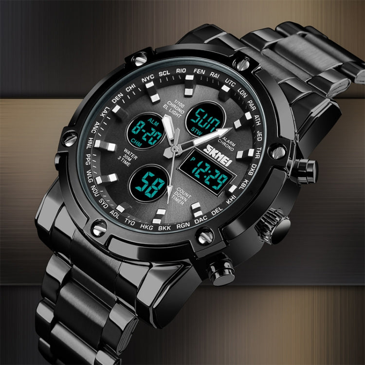 SKMEI 1389 Multifunctional Men Business Digital Watch 30m Waterproof Large Dial Wrist Watch with Stainless Steel Watchband , 1389 Black, 1389 Blue, 1389 Silver